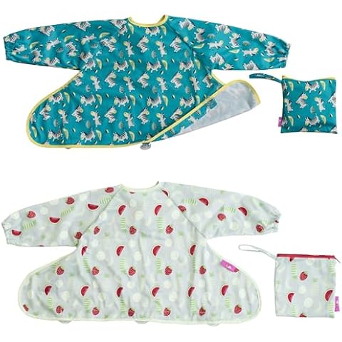 Tidy Tot - 2 Pack Cover & Catch Baby Bibs - Mess Proof Long Sleeve Feeding Smock with Food Catcher Pocket - Attaches to Highchair - Waterproof Bib – Machine Washable. Fits 6-24 months. Cover