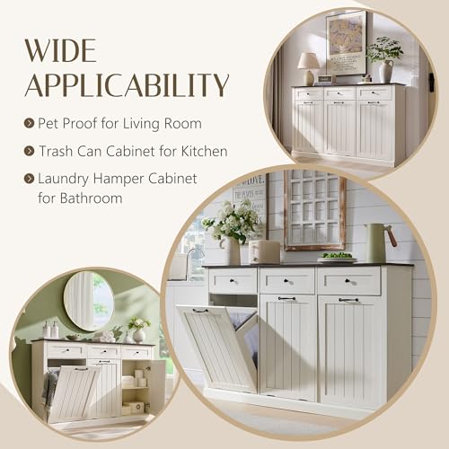 Image of IFGET Triple Tilt Out Trash Cabinet, Wood Trash Can Cabinet, Antique White