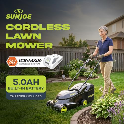 Image of Sun Joe MJ24C-14-XR 24V IONMAX Walk-Behind Lawn Mower with 600W Motor, 14-Inch Mowing Width, Includes Collection Bag, Battery, and Charger