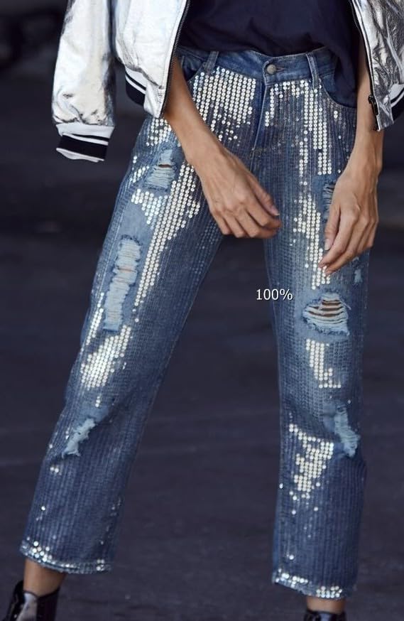 Women's High Waisted Jeans Baggy Metallic Glitter Straight Leg Ripped Denim Pants4