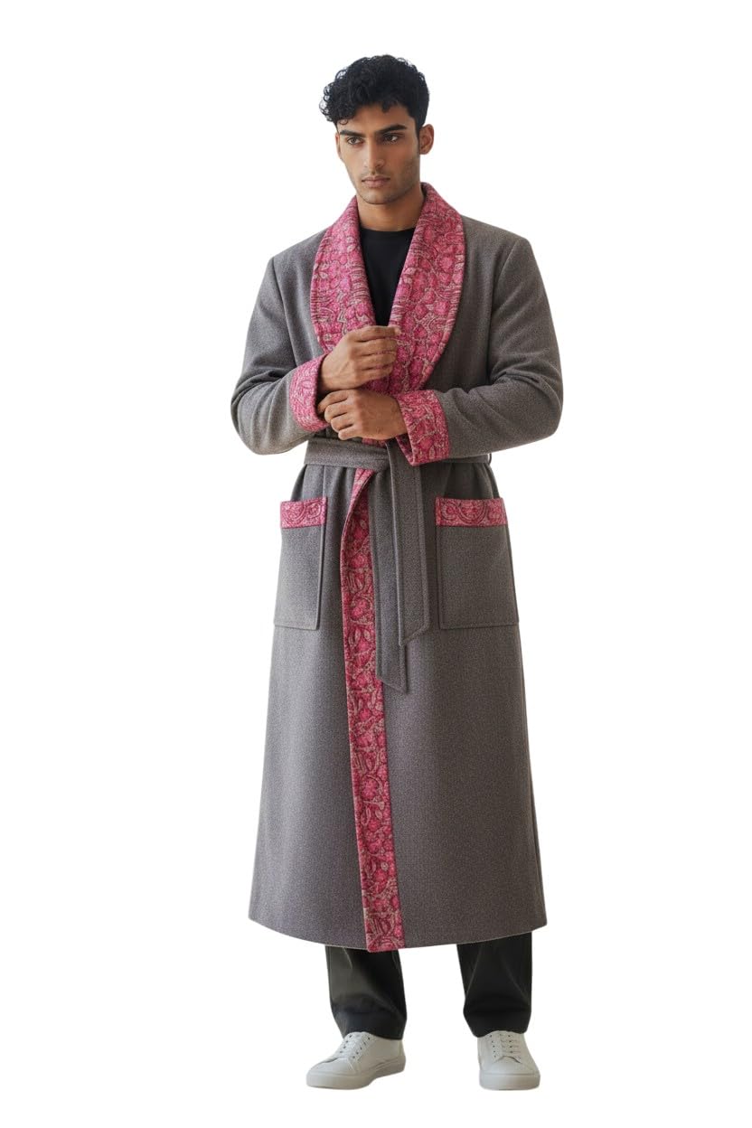 Men Woolen Nightgown Dressing Gown Sleep And Lounge Wear With Kashmiri Charming Embroidery Free Size (1, Dusty Lavender)
