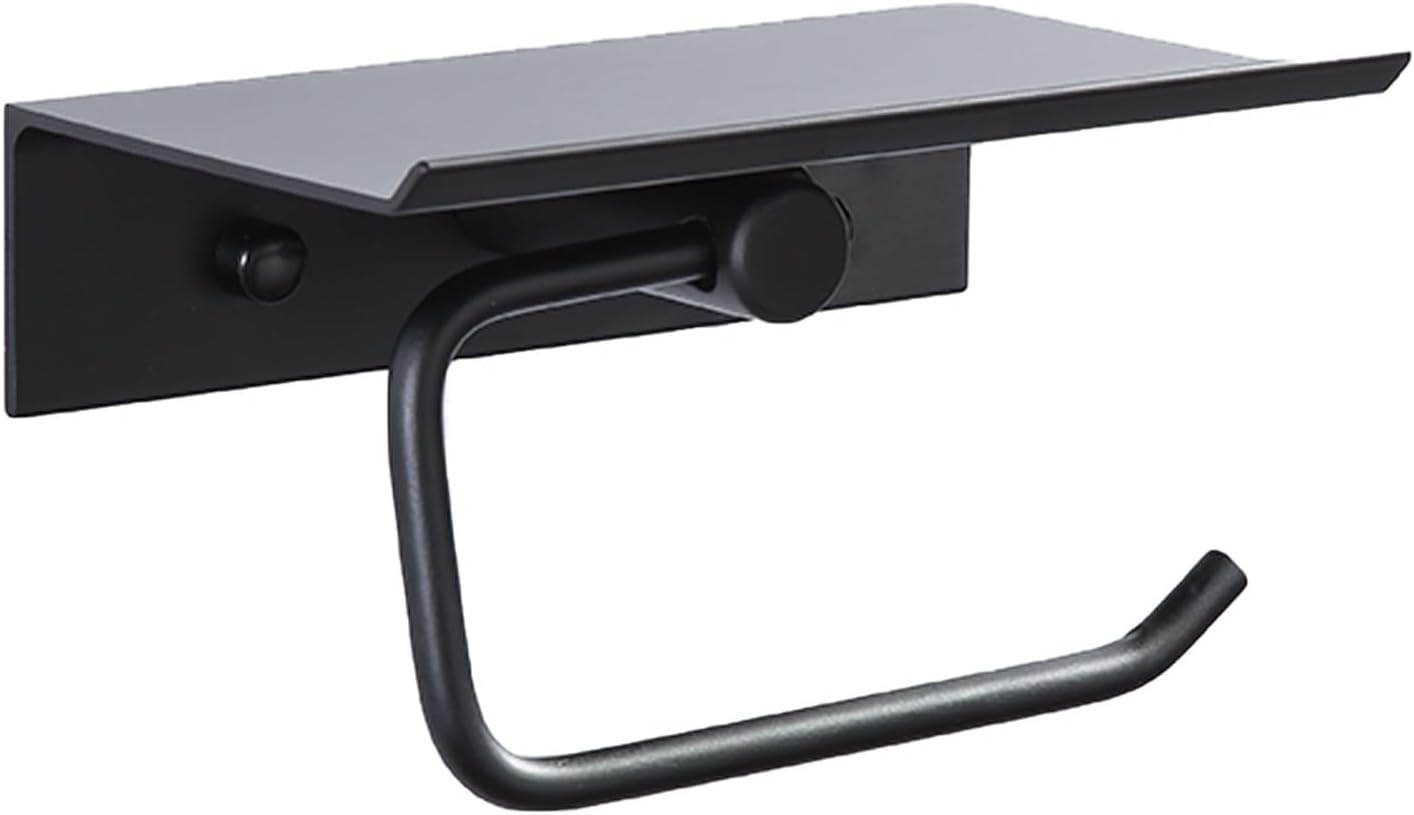 Toilet Paper Holder with Phone Shelf, Wall Mounted, Aluminum Alloy, No-Drill Bathroom Tissue Roll Holder (Silver)