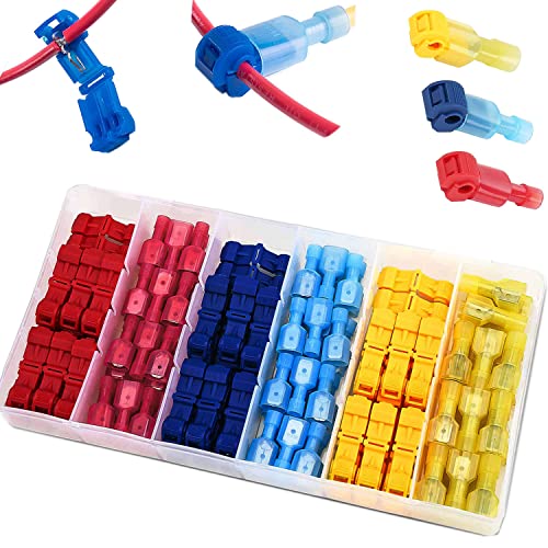 RUNCCI-YUN 120Pcs Connecteur de fil T-Connector, connecteur rapide de cosse électrique, connecteur rapide T-Tap, Kit de connecteur terminal entièrement isolé-bleu x 40pcs,jaune x 40pcs,Rouge x 40pcs