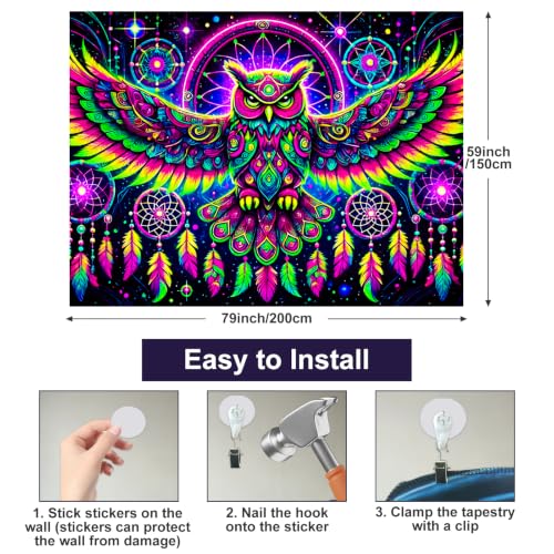 Image of BlissYard Owl Dreamcatcher Blacklight Tapestry Wall Art 78x59 Inch Neon Psychedelic Glow in Dark Backdrop Blacklight Tapestry Trippy Cosmic Bird Feather Scene for Bedroom Dorm Party Room Decorate