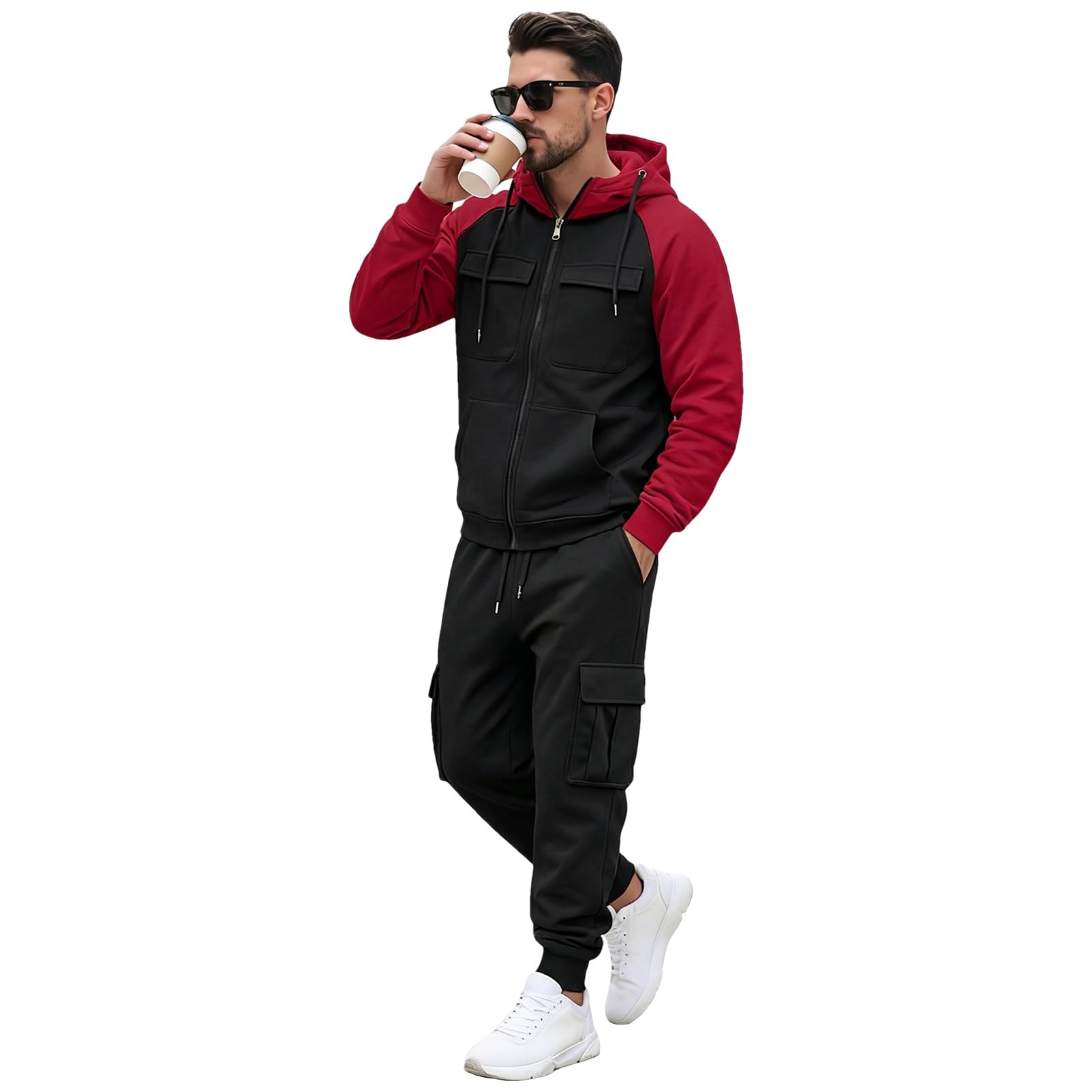 amropi Tute da Ginnastica Uomo Maniche Lunghe Giacca con Cappuccio Cerniera e Cargo Jogging Pantaloni con Tasche Sportiva Set