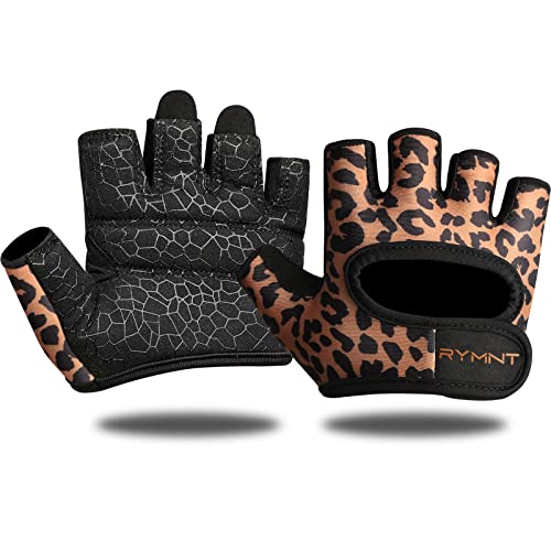 RYMNT Minimal Weight Lifting Gloves Short Micro Workout Gloves Grip Pads with Full Palm Protection & Extra Grip for Men Women Weightlifting Gym Exercise Training.Leopard-Medium