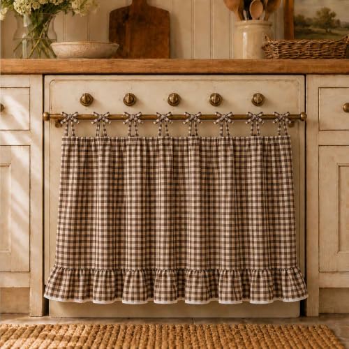 FancyCow Farmhouse Oven Curtain Skirt Soft Linen Kitchen Oven Cover with Easy Install Tie Top Rustic Decorative Oven Skirt for Cozy Modern Farmhouse Kitchen Decor