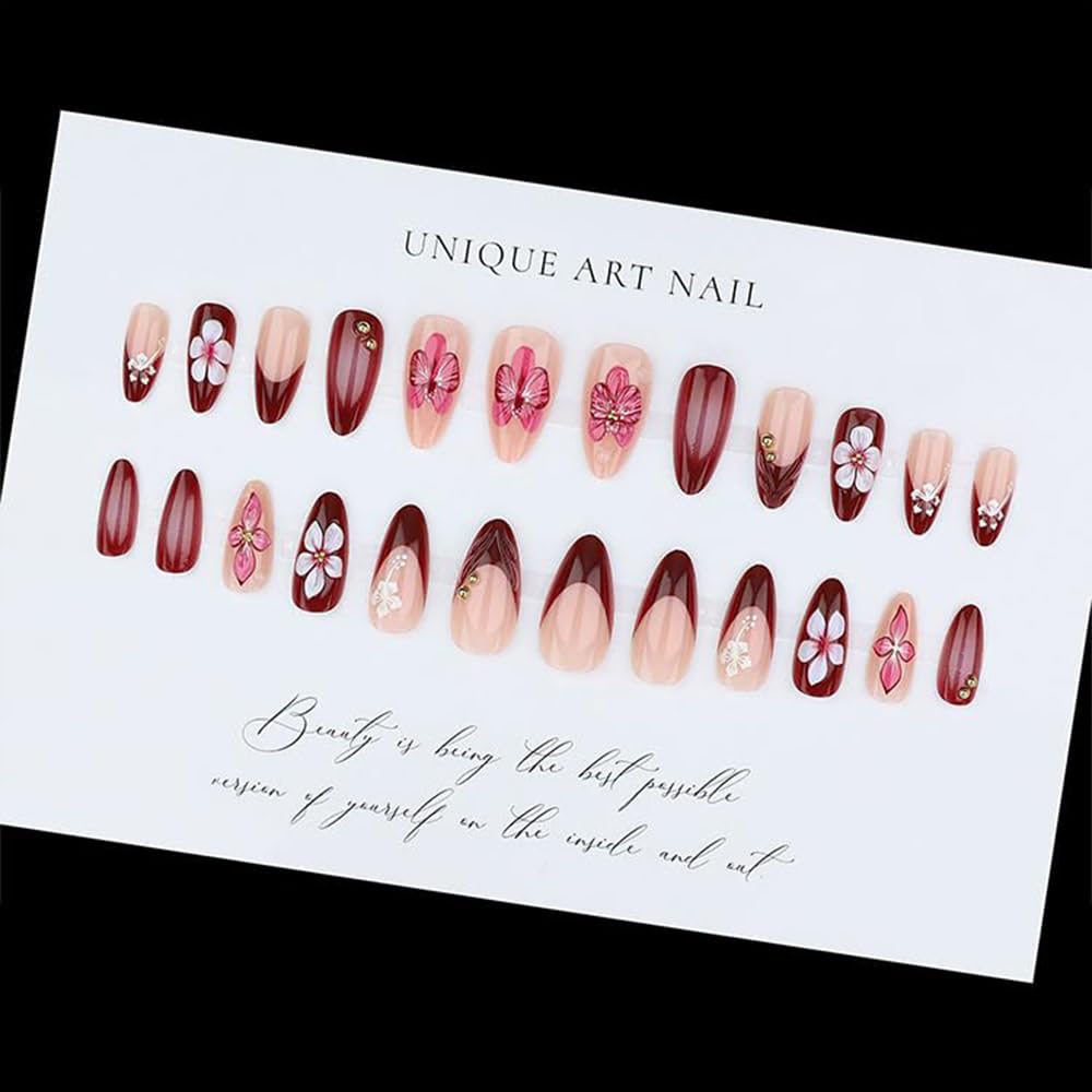 Flower Press On Nails Medium Square Gold Pearl Star Nude Pink_voghion.com