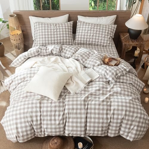 Image of MooMee Gingham Duvet Cover Set 100% Washed Cotton Linen Like Textured Breathable Durable Soft Comfy Modern Checkered Design (Buffalo Plaid Tannish Linen Grey, Palatial King /Oversized King 120 inchx98 inch)