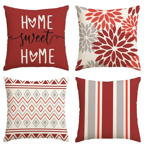 Artoid Mode Lot de 4 housses de coussin décoratives pour canapé, salon, extérieur, 45 x 45 cm, motif dahlias, géométrique, rouge