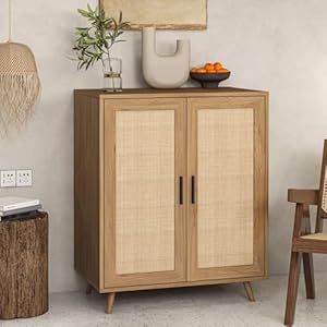 Xilingol rattan storage cabinet buffet cabinet with rattan decor doors accent cabinet with solid pine wood feet sideboard cabinet for hallway entry living room natural  urban country home decor