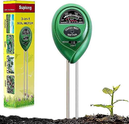 Suplong 3-in-1 Soil Moisture Meter, Upgraded Stainless Steel Probe Soil pH/Light/Moisture Meter for Plants, Soil Tester for Garden, Farm, Lawn, Indoor & Outdoor (No Battery Needed)