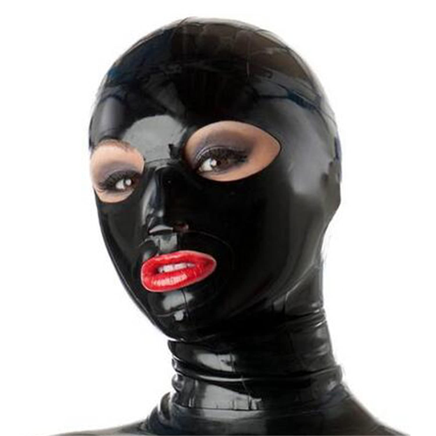 SecondSkin Black Latex Hood Open Eyes Mouth Nose Back Zipper Normal Tight Rubber Mask Club Party Wear Costume (Large)