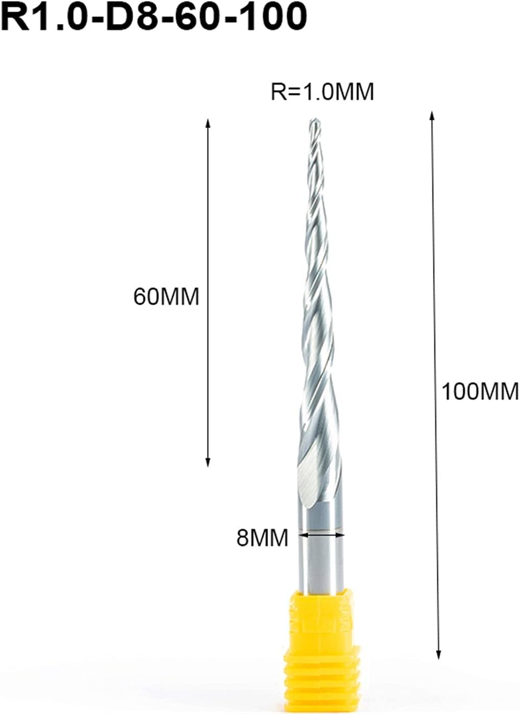 Hardware Milling Cutter 4pc HRC55 R0.5-R2.0xD8x60x100mm Tapered Ball End Mill With Tungsten Carbide Coating Tapered Cone Cnc Wood Milling Cutter (Dimensions : R1.5XD8X60X100mm)
