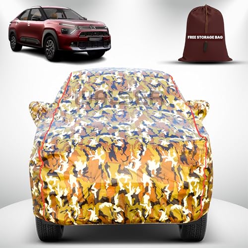 Image of Walser Waterproof Car Cover for Citroen Basalt X | All-Weather Full Car Body Protection | with Mirror & Antenna Pocket | Dustproof, Windproof & Anti-Scratch Lining, Camouflage