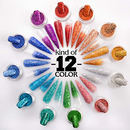 Holographic Nail Glitter 12 Colors Holo Laser Superfine Nail Pigment Holo Nail Art Powder Set Holographic Craft Sequins Dust Set for Face Body Eye Festvial Hair