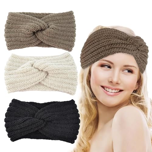 Diadema Mujer Invierno, 3 Piezas Diademas de Punto, Cinta Pelo Orejas Calientes, Diademas Invierno Punto, Cabello Turbante Banda, Calor Accesorios Pelo para Mujer de Punto Para Invierno