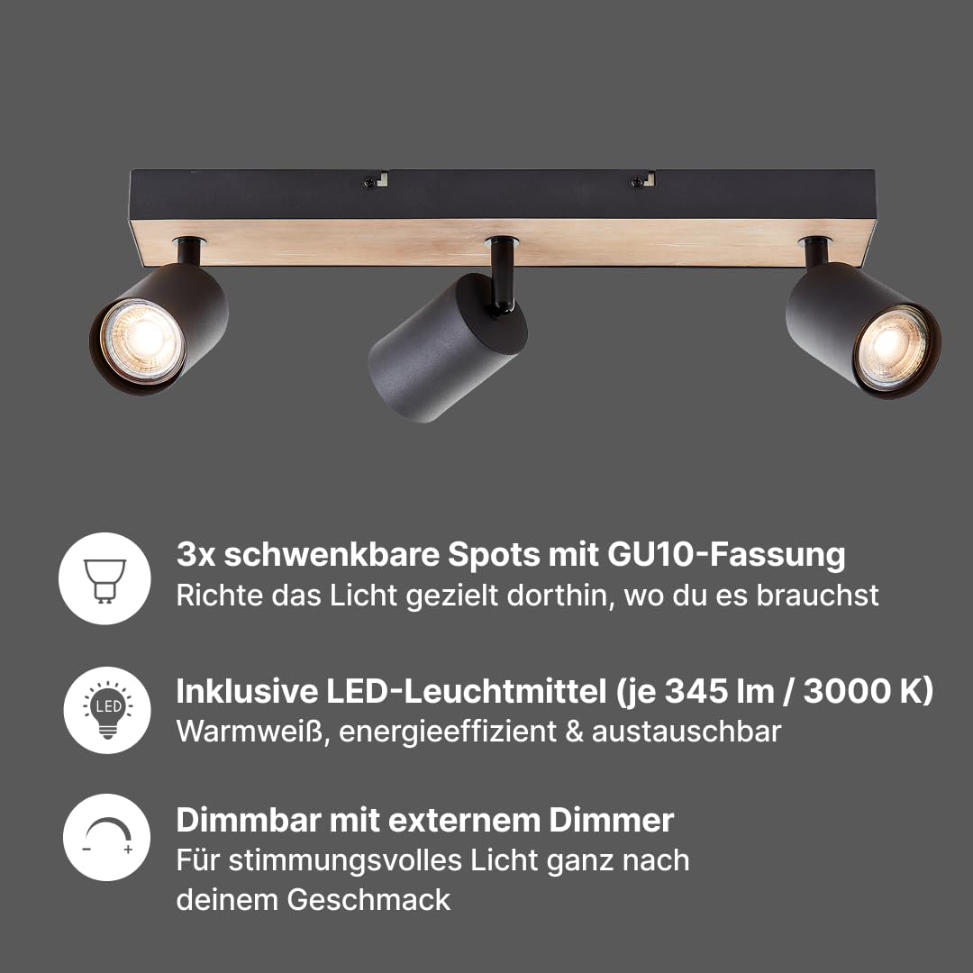Brilliant Jello Wood Deckenstrahler 3-flammig, dimmbar, GU10