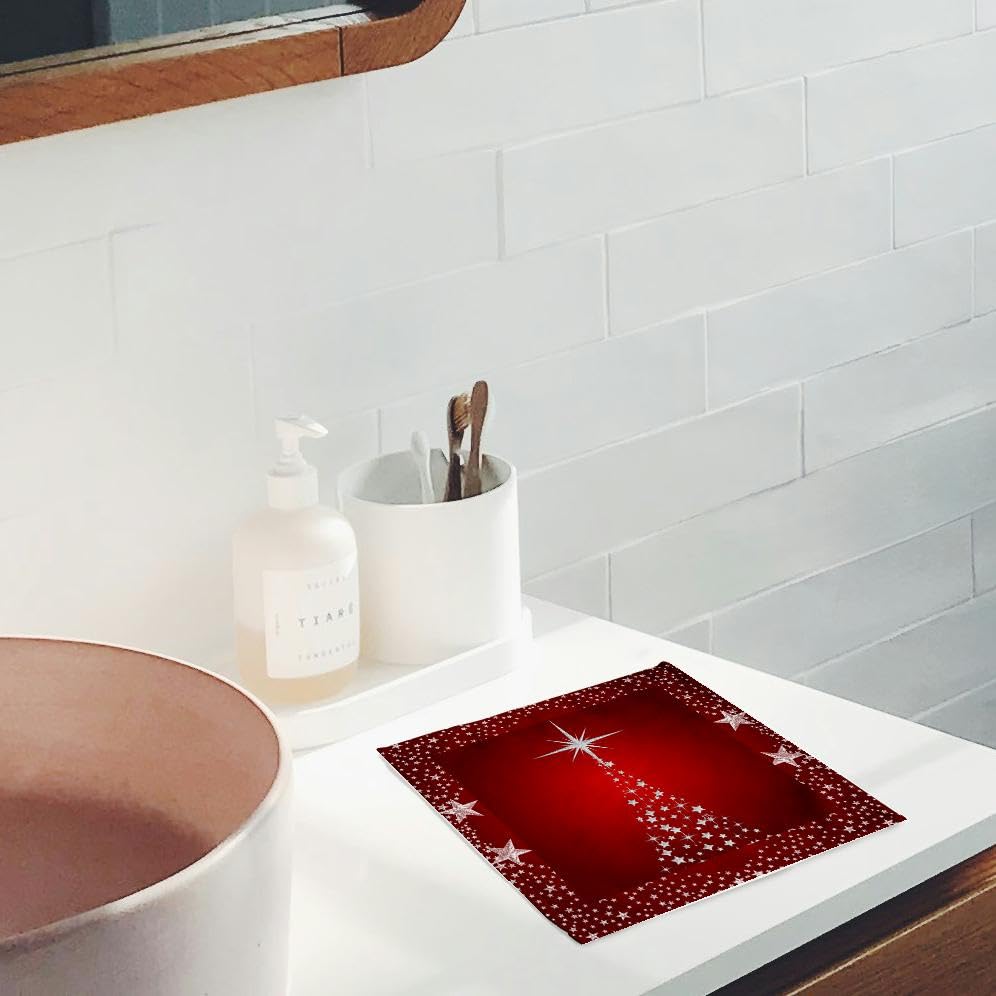 3dRose 11x12 Wash Cloth for Face and Body - Silver Star Christmas Tree with Holiday Red Background Christmas Collection