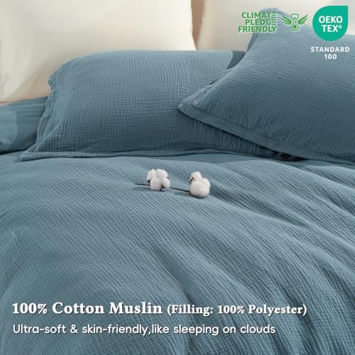 Image of David's Home Cotton Muslin Comforter Set King Size, 100% Cotton Cover Ultra-Soft Breathable Skin-Friendly for Spring Summer, 3PCS Linen Like Gauze Bedding Set with Polyester Filling, Prussian Blue
