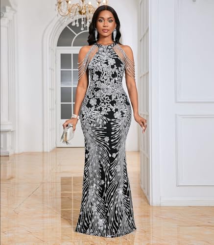 Image of Cololura Women Sexy Elegant Sequin Tassel Off Shoulder Halter Bodycon Maxi Dress Party Evening Gown Formal Dress