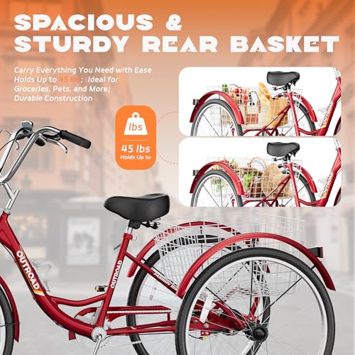 Image of Max4out Adult Tricycle with Large Basket 24 /26 Inch, Stable 3 Wheel Cruise Bicycle for Shopping, Beach and City Trike Perfect for Men, Women, Seniors(Blue /Purple /Red)