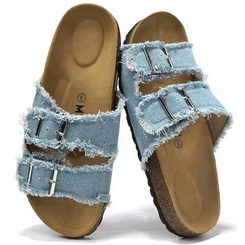 Women's Cork Sandals with Two Buckles Adjustable Straps, Arch Support Summer Fashion Denim Slippers, Comfortable Beach Flat Dressy Slip On