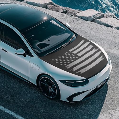 Image of Renewold American Flag Black Trendy Car Hood Cover for Snow Protector for Festival Decorative Hood Wrap Blanket for Outdoor Leaves Exterior Car Accessories for Friend Family Boss