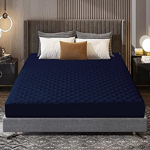 Image of Glassiano Sapphire Waterproof Quilted Mattress Protector 80x72 Inch for Double Bed King Size - Ultra Soft & Hypoallergenic Mattress Cover (Navy Blue - 1 Pcs)