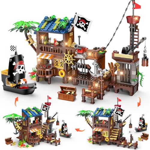 HOGOKIDS Piratenhafen Bauset mit LED 3 Darstellungsmodi Piratenschiff-Haus-Bauspielzeug kreatives STEM Konstruktionsspielzeug Ostergeschenk Geburtstagsgeschenk für Jungen im Alter von 6-12 Jahren