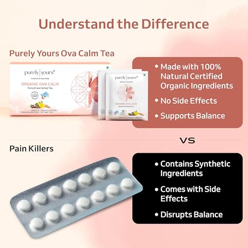 Image of Purely Yours Ova Calm Tea for Period Pain, PCOS & Hormonal Balance | Ayurvedic Herbal Tea with Shatavari, Ajwain, Jeera & Gokshura for Women's Health, Caffeine-Free - 30 Tea Bags