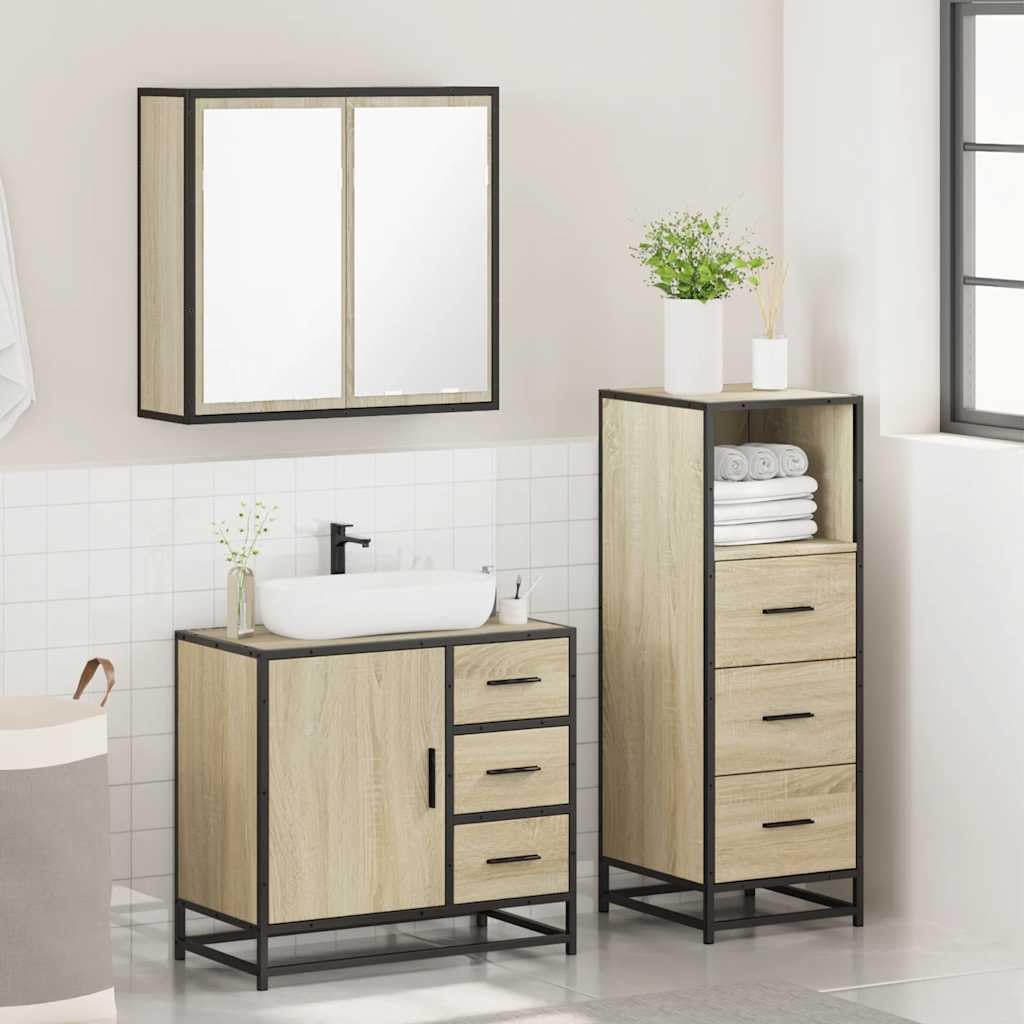 3-TLG. Zestaw mebli łazienkowych SONOMA Oak materiały na bazie drewna, szafka pod umywalkę z metalową ramą, szafka z lustrem, szafka łazienkowa, nowoczesny design do przechowywania