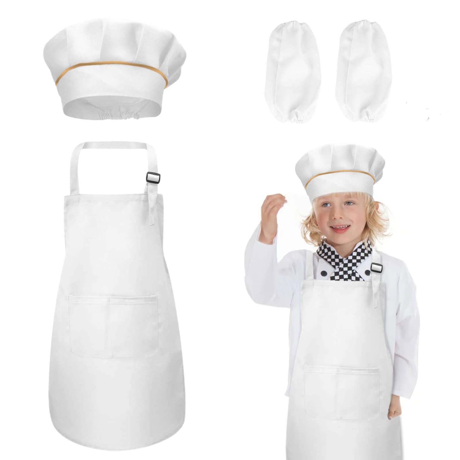 Mumoo Bear Kids Chef Hat Apron Sleeves Set Adjustable Apron with 2 Pockets Kid Chef Outfit for 5-12 Years Old Kids Painting Cooking Baking Gardening at Home Kitchen School Outdoors (White, Large)