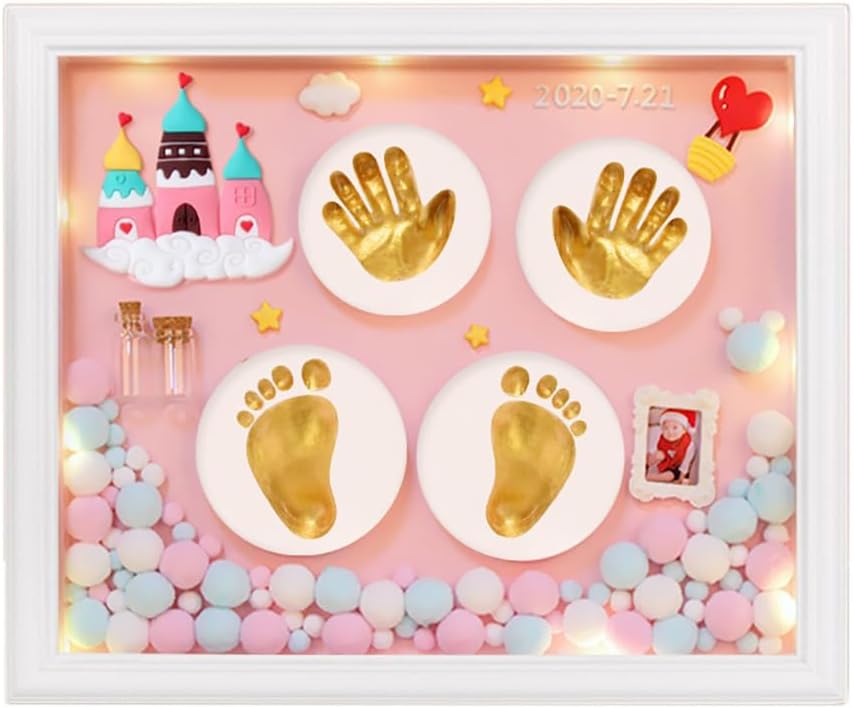 Baby Handprint Footprint Keepsake,Hand and Foot Print Mud Photo Frame for Child Full Moon Hundred Days,Birthday Gift Box and Souvenir Ornament Kit For Newlife Baby