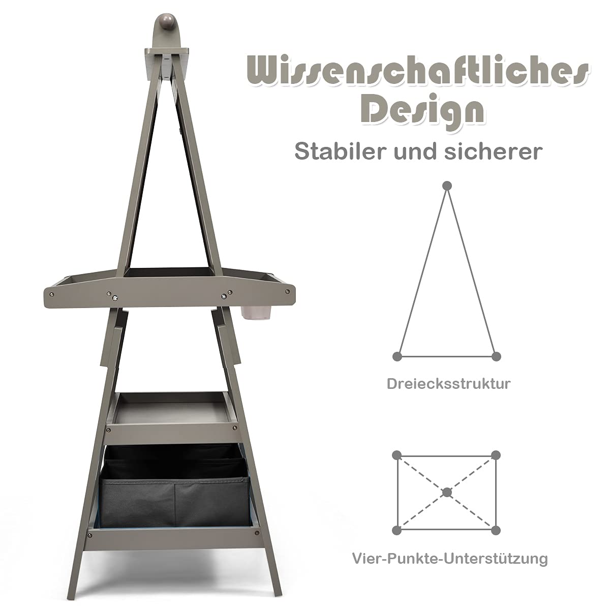 COSTWAY 3 in 1 Kinder Staffelei, Kindertafel doppelseitig, Whiteboard & Kreidetafel & Zeichenpapier, Standtafel inkl. Magneten, 2 Regalebenen Holztafel mit 2 Aufbewahrungsboxen (Grau)