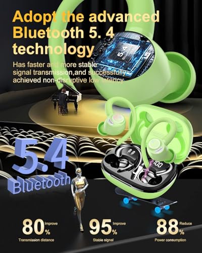 Image of Wireless Earbuds, Bluetooth 5.4 Headphones Sport, Over Ear Buds With ENC Noise Cancelling Mic, 48H, Wireless Earphone With Earhooks, Stereo Deep Bass, IP7 Waterproof ear bud for Workout Running, Green