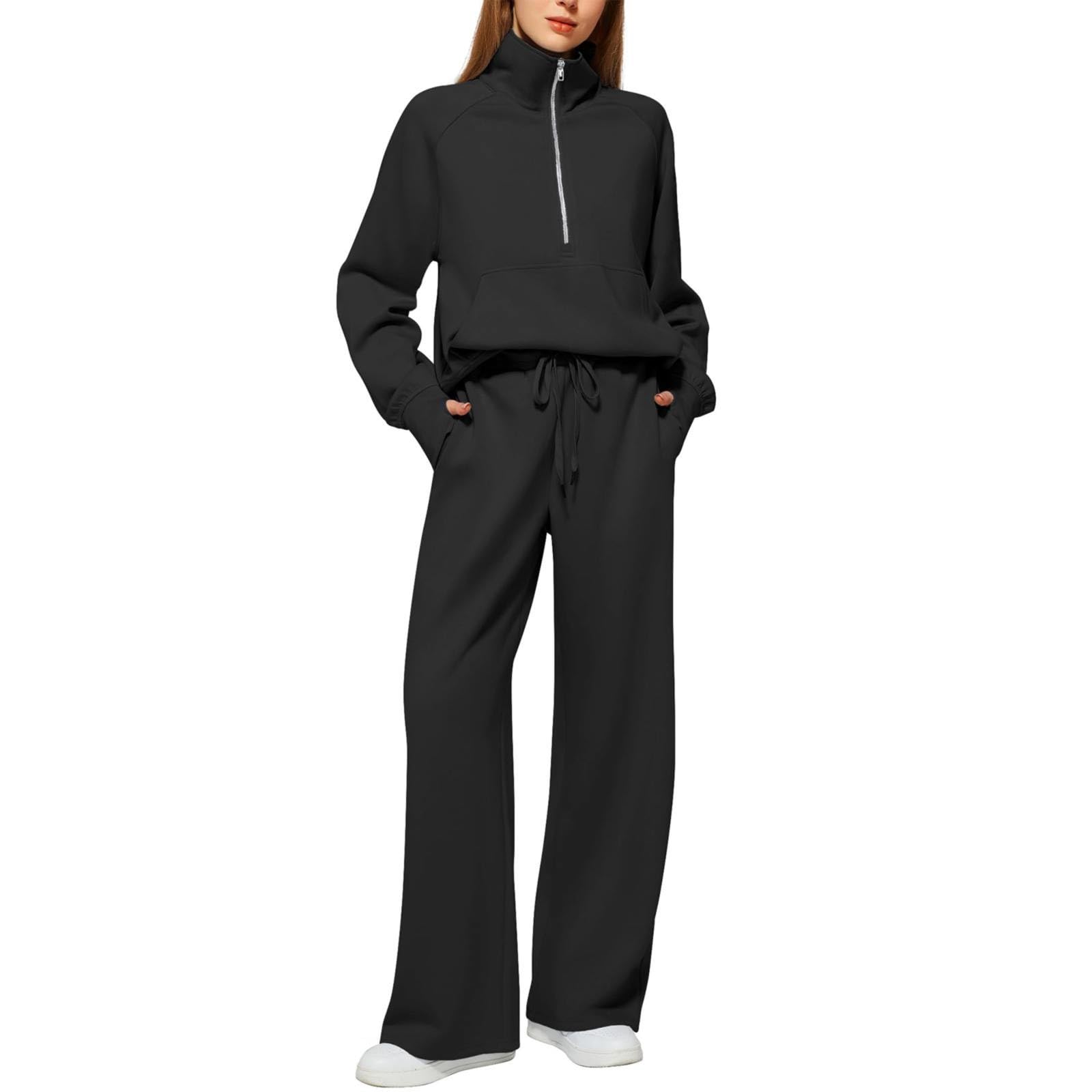 MJGkhiy Tuta Donna Sportiva Invernale Felpa con 1/2 Zip Senza Cappuccio e Pantaloni Tuta Gamba Larga Set Due Pezzi Completo Palestra Tinta Unita Sportivo Completi Eleganti Tute da Ginnastica Completa