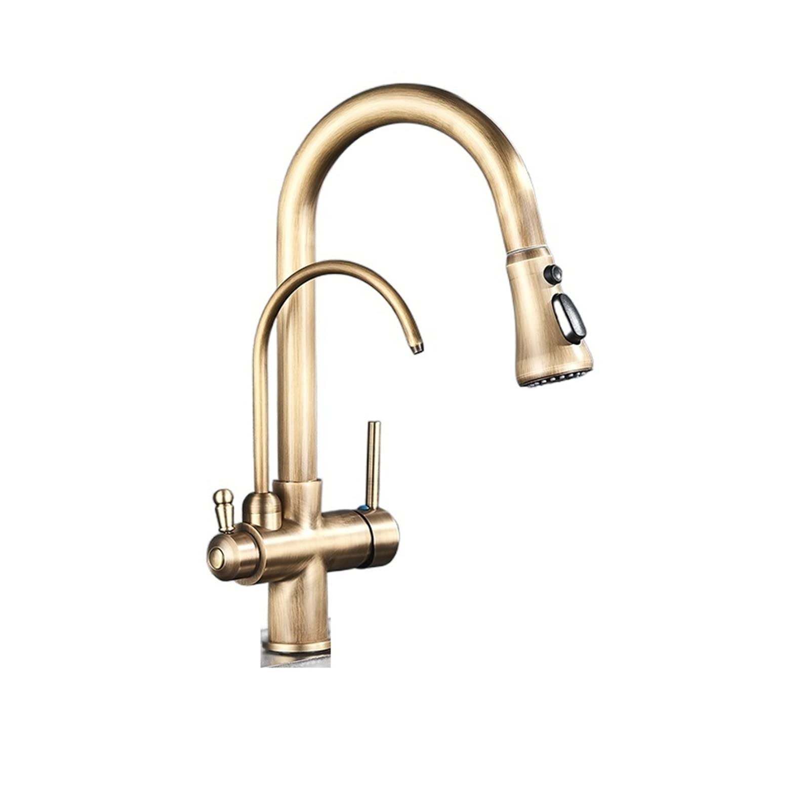 Goldener Küchenhahn mit Ausziehbrause, 360° drehbar, Doppelgriffe, Einloch-Kalt- und Warmwasseranschluss, intelligenter Wasserhahn (Antikmessing)