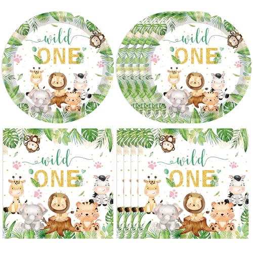 40PCS Wild One Birthday Decorations First Birthday Party Jungle Animal Safari Baby Shower Woodland themed Tableware Set Include Paper Plates, Napkins for Boys 1st Kids Wild One Party Supplies