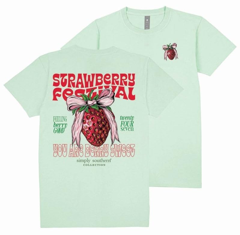 Simply Southern Strawberry Festival Relaxed Fit Short Sleeve Youth T-Shirt, Mint Green
