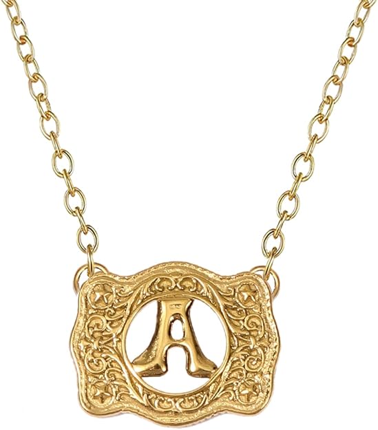 14K Gold Belt Buckle Necklace Western Style Initial Letter Pendant Necklace, Decorative Belt Buckle Frame Design