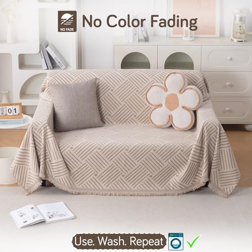 Image of HOKIPO 320 GSM Chenille Sofa Throw Blanket for 2 Seater Sofa - Printed All-Season Sofa Cover, 'Serene Abode Series' Beige Geo Weave (180x250 cm) (AR-6632-D7)