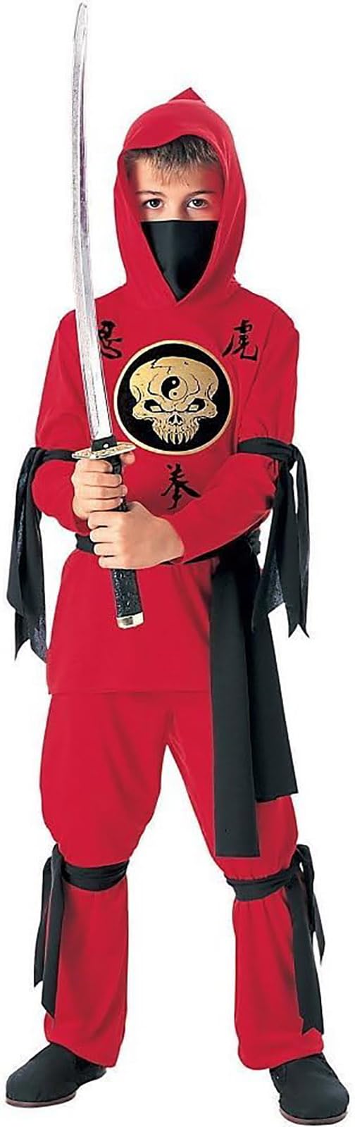 Tante Tina Costume da Ninja per Bambino - Ninja Costume con Cappuccio, Maniche Lunghe, Pantaloni e Cintura - Rosso/Nero - Taglia L (140) - Indicato per i Bambini dai 7 ai 10 Anni