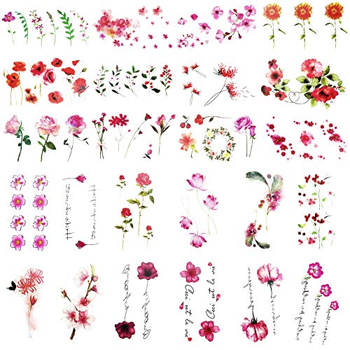Everjoy Red and Pink Flower Temporary Tattoos - 24 Pcs, Rose, Blossom, Leaf, Words for Women, Men, Kids, Boys and Girls