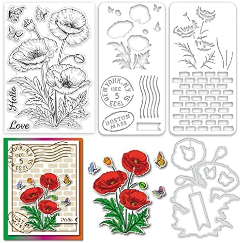 ORIGACH Realistic Corn Poppy Flower Stamps and Die and Layering Coloring Stencil Bundle for Card Making Album Arts Crafts Supplies Cover