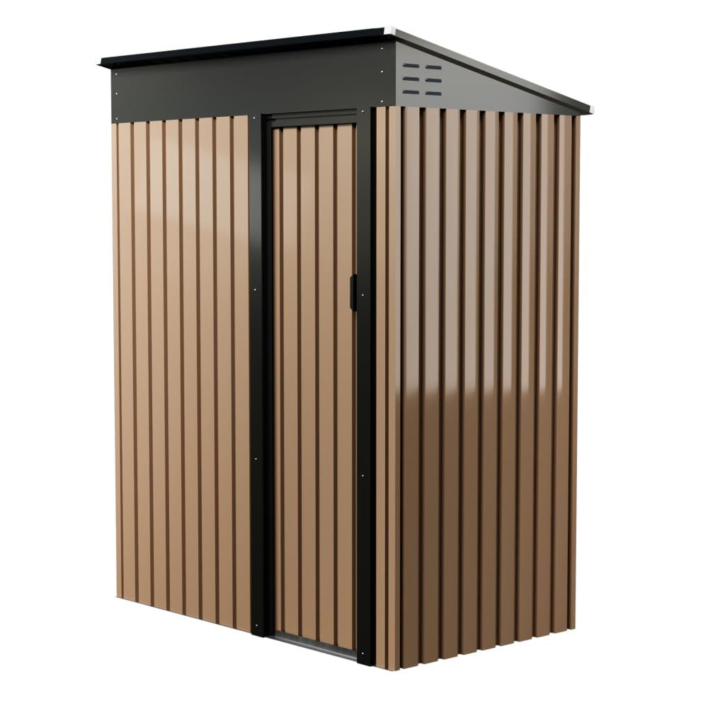 Large Metal Storage Shed, 5 x 3 FT Outdoor Storage Shed, Metal Garden Tool Shed with Roof, Door & Lock, Waterproof and Anti-UV, for Patio Garden Yard, Brown