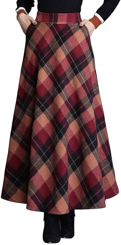 Womens Vintage High Waist Wool Blend Plaid A-Line Long Maxi Skirt with Pocket