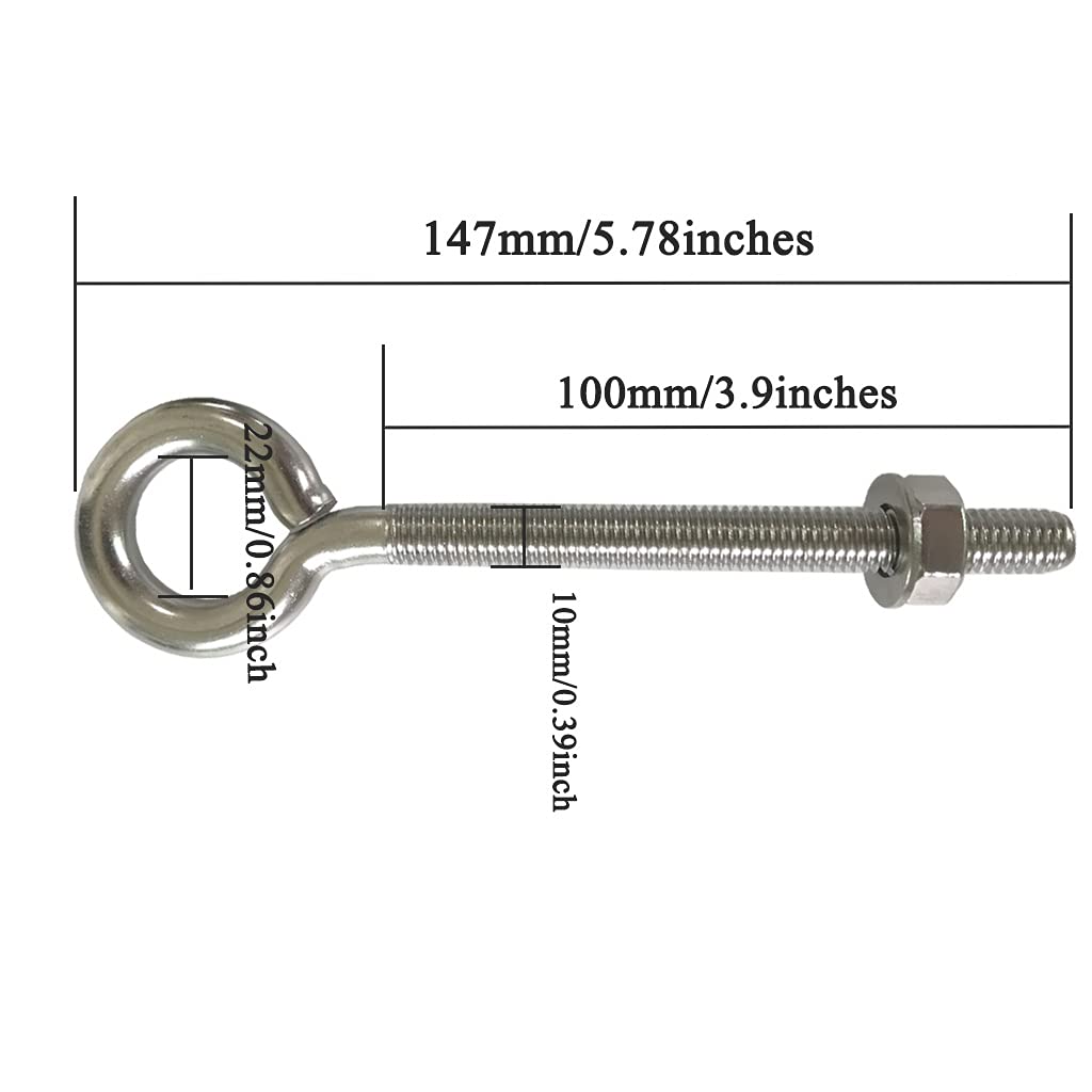 Stainless Steel Eye Bolt, 2pack M10 Heavy Duty Eye Bolts 3/8" X 4"with Nuts and Washer Thread Lifting Ring Eyebolt, Long