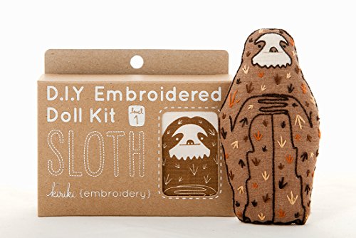 Image of Kiriki Press DIY Embroidery Doll Kit - Skill Level 1 - Beginner to Advanced Embroidery Kits for Adults Teens (3 Skill Levels) Animal Embroidery Kit - Screen Printed Pattern (Sloth - Level 1)
