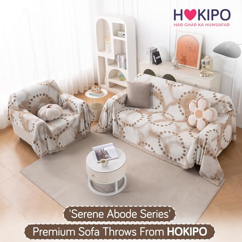 Image of HOKIPO 320 GSM Chenille Sofa Throw Blanket for 1 Seater Sofa - Printed All-Season Sofa Cover, 'Serene Abode Series' Latte Dotted Wave (180x180 cm) (AR-6631-D3)